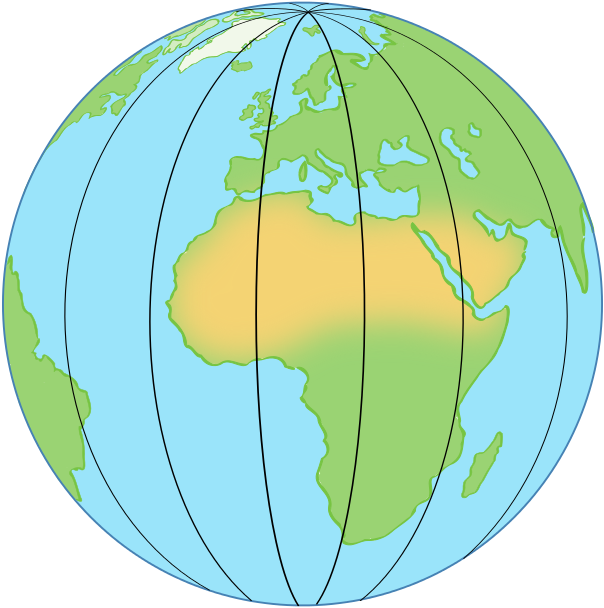The globe with lines of longitude marked.